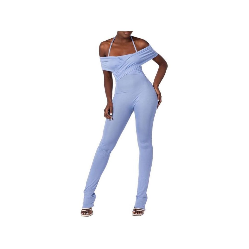 GRAYSCALE Womens Light Blue Tie Crossover Top Bodycon Skinny Jumpsuit XS